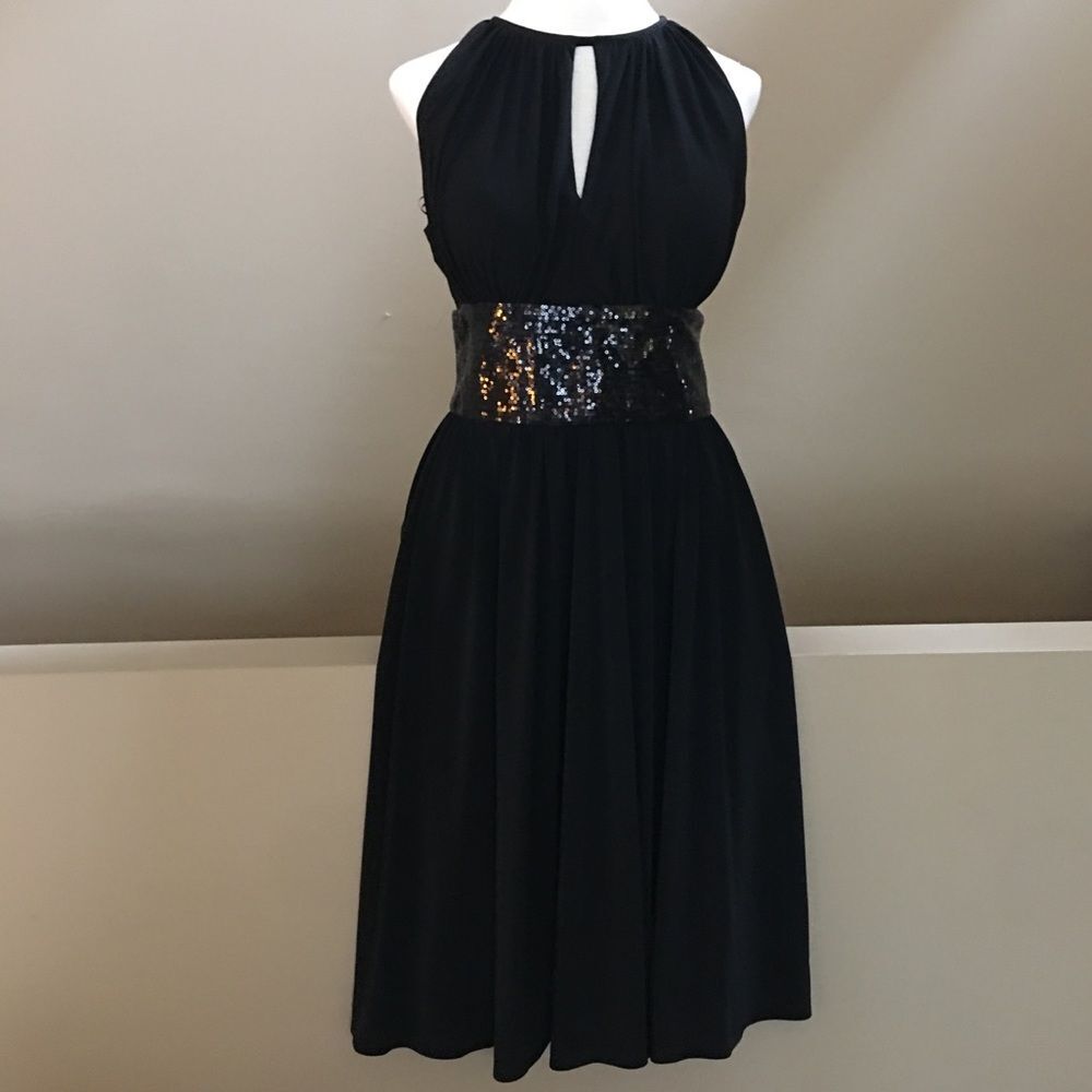 NWT R & M Richards Black Dress w Sequined Halter Bodice Holiday Black Dress